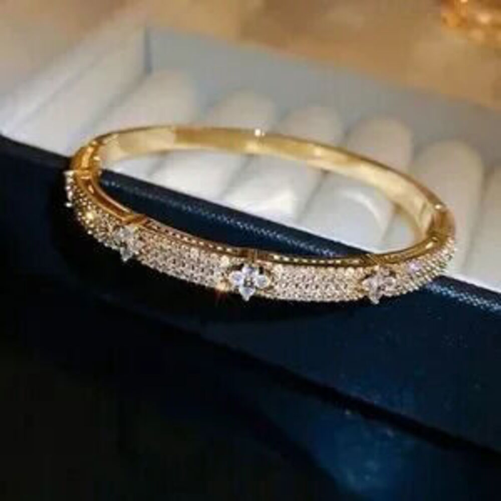 Gold Stainless Steel CZ Bangle Bracelet Sparkling Statement